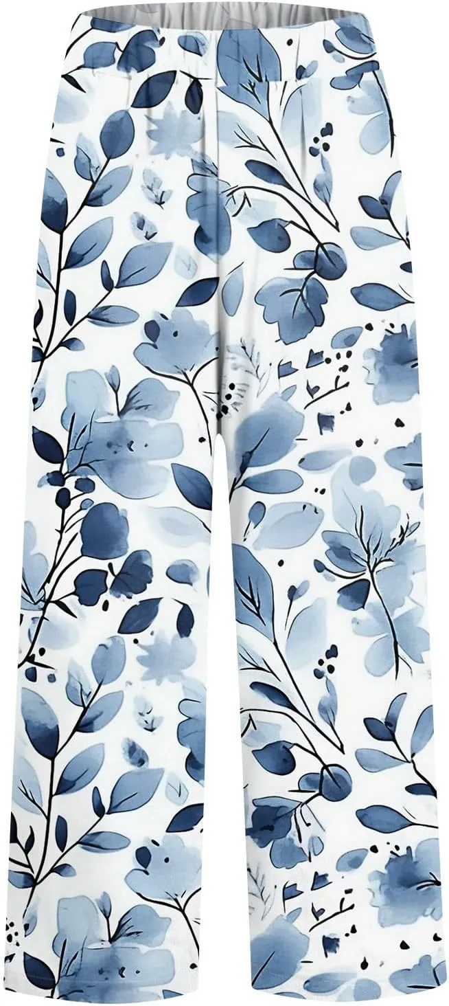 Linen Pants for Women Summer Casual High Waist Boho Floral Cropped Pants Tapered Beach Trousers Capri Pants Pockets