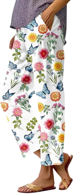 Linen Pants for Women Summer Casual High Waist Boho Floral Cropped Pants Tapered Beach Trousers Capri Pants Pockets