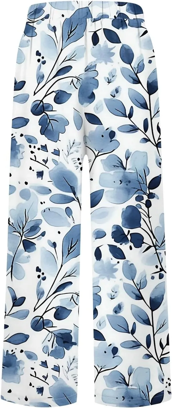 Linen Pants for Women Summer Casual High Waist Boho Floral Cropped Pants Tapered Beach Trousers Capri Pants Pockets