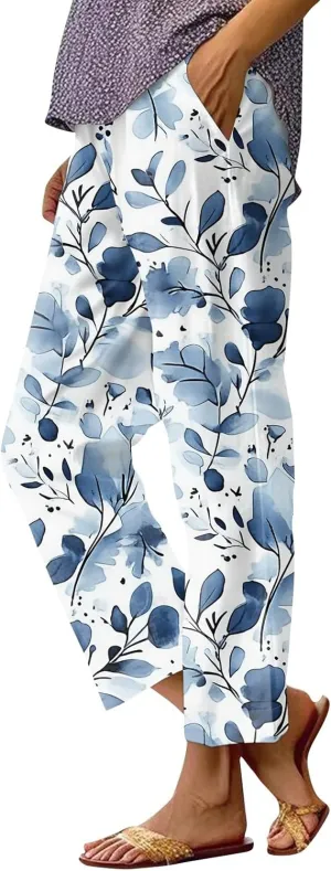Linen Pants for Women Summer Casual High Waist Boho Floral Cropped Pants Tapered Beach Trousers Capri Pants Pockets