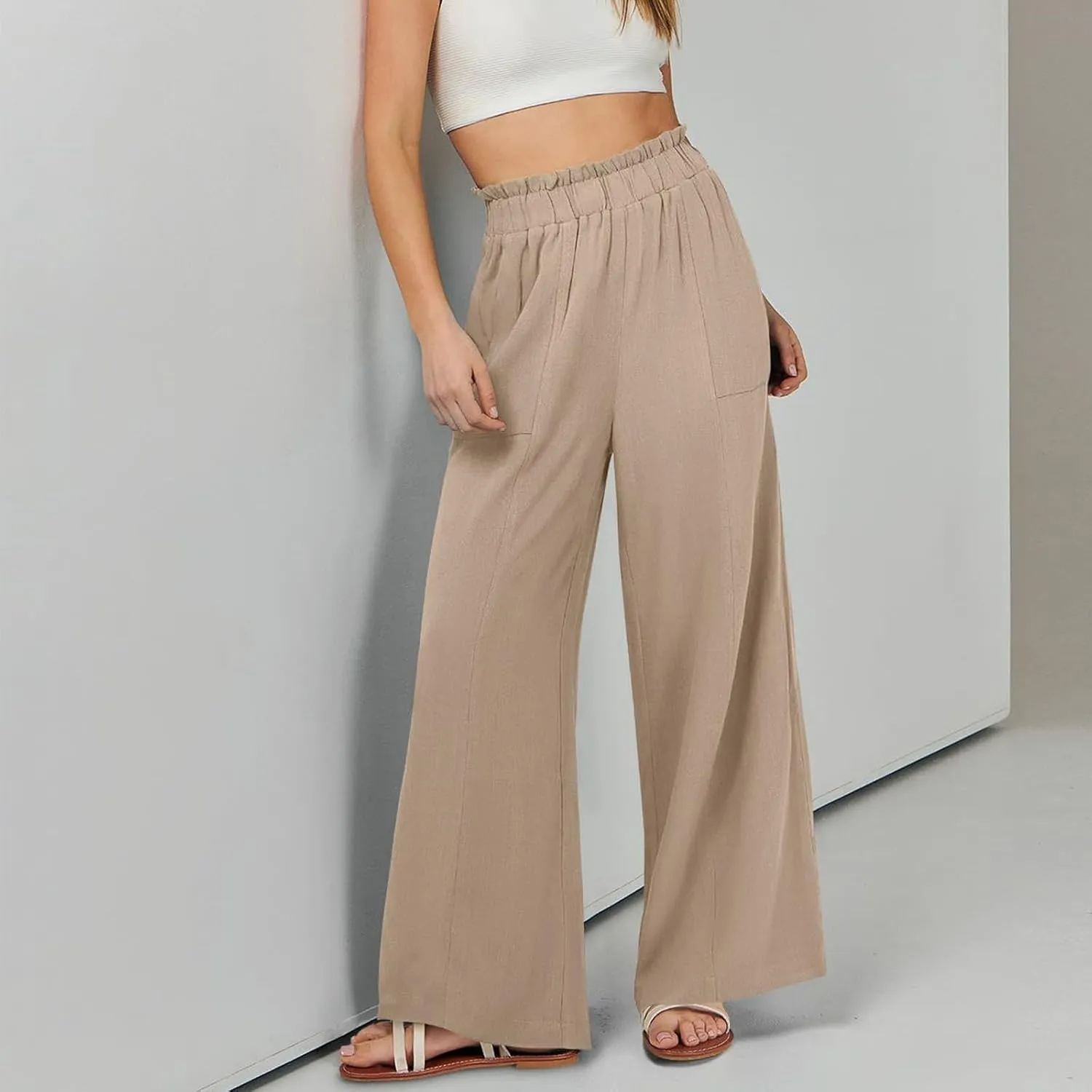 Linen Pants for Women Trendy Casual Ruffle High Waist Slacks Wide Leg Beach Palazzo Pants Trousers with Pockets
