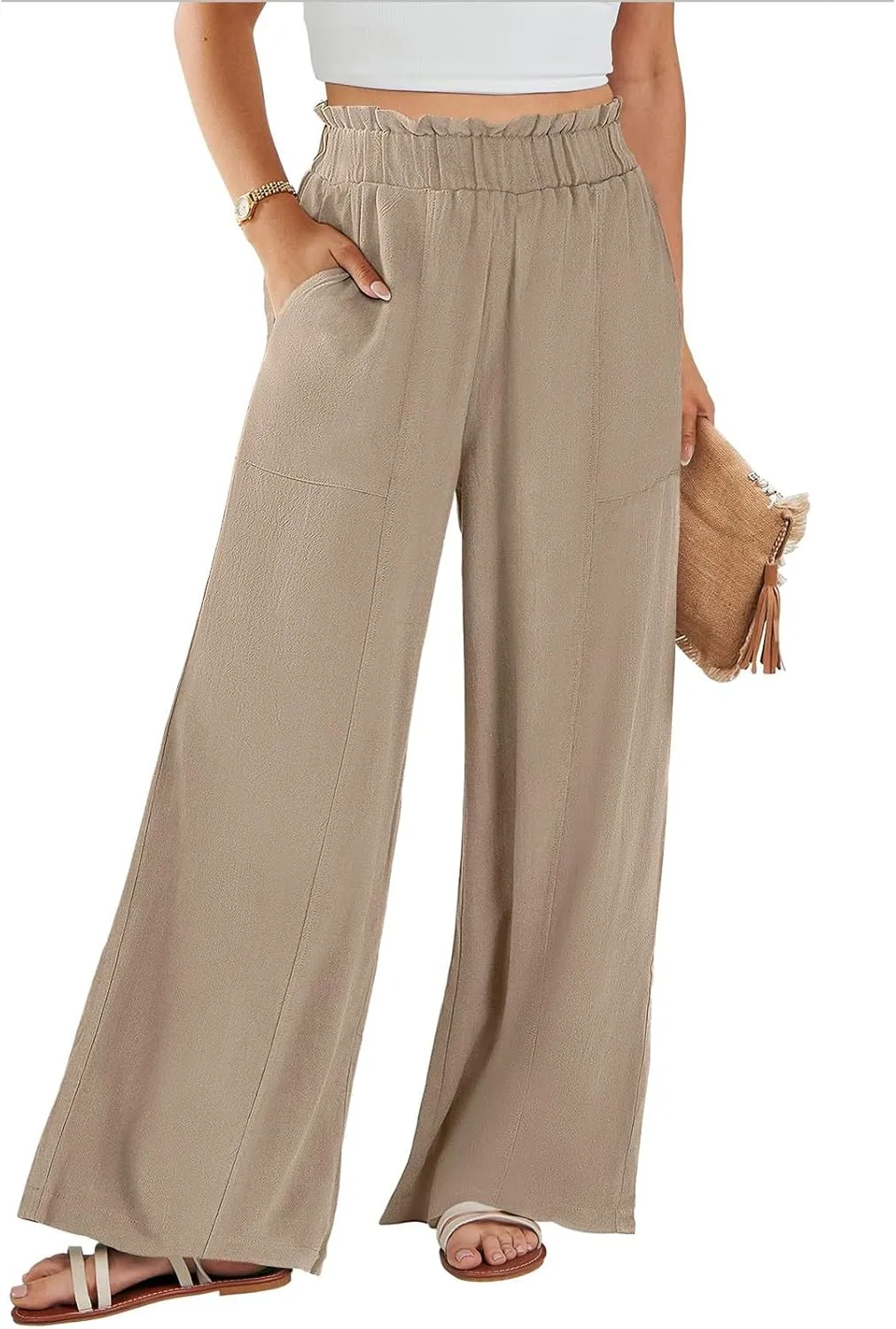 Linen Pants for Women Trendy Casual Ruffle High Waist Slacks Wide Leg Beach Palazzo Pants Trousers with Pockets