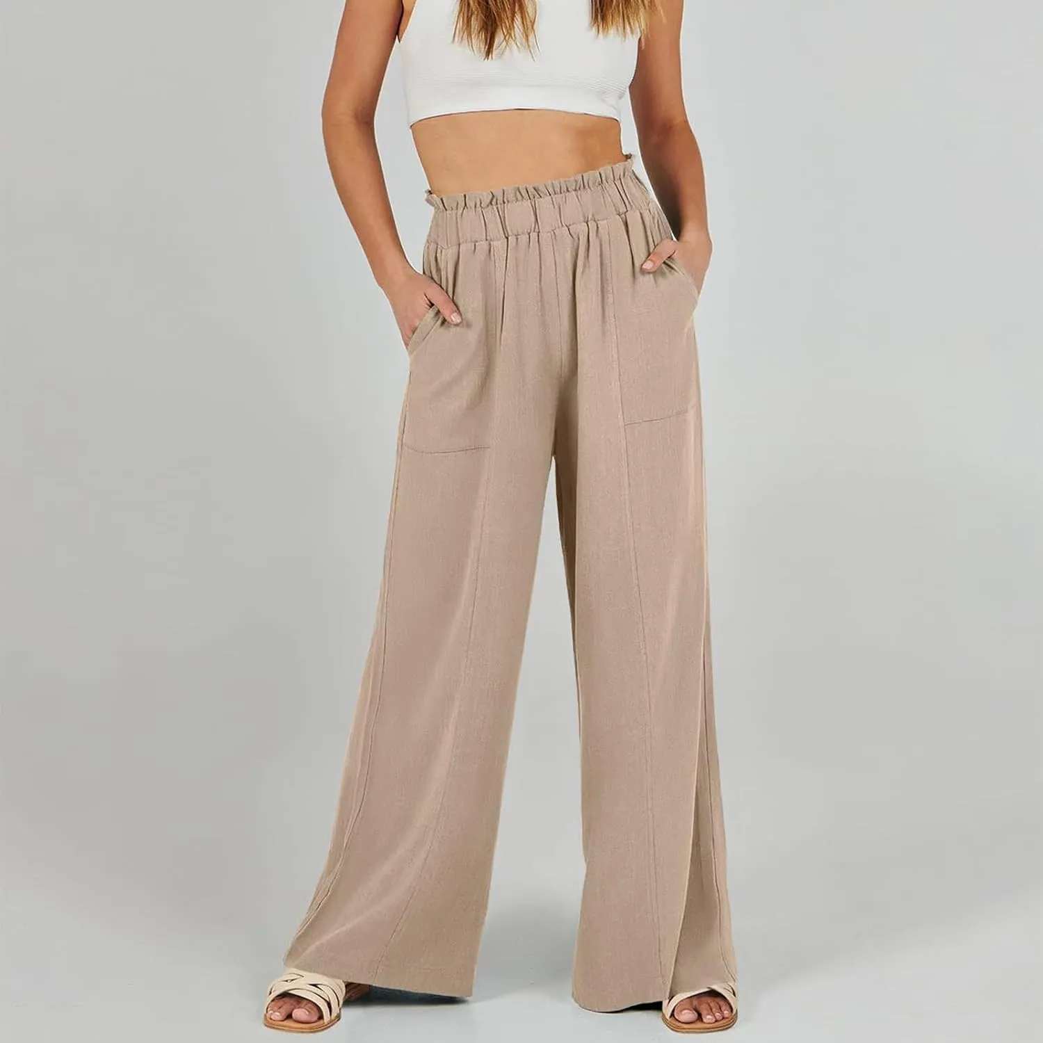 Linen Pants for Women Trendy Casual Ruffle High Waist Slacks Wide Leg Beach Palazzo Pants Trousers with Pockets