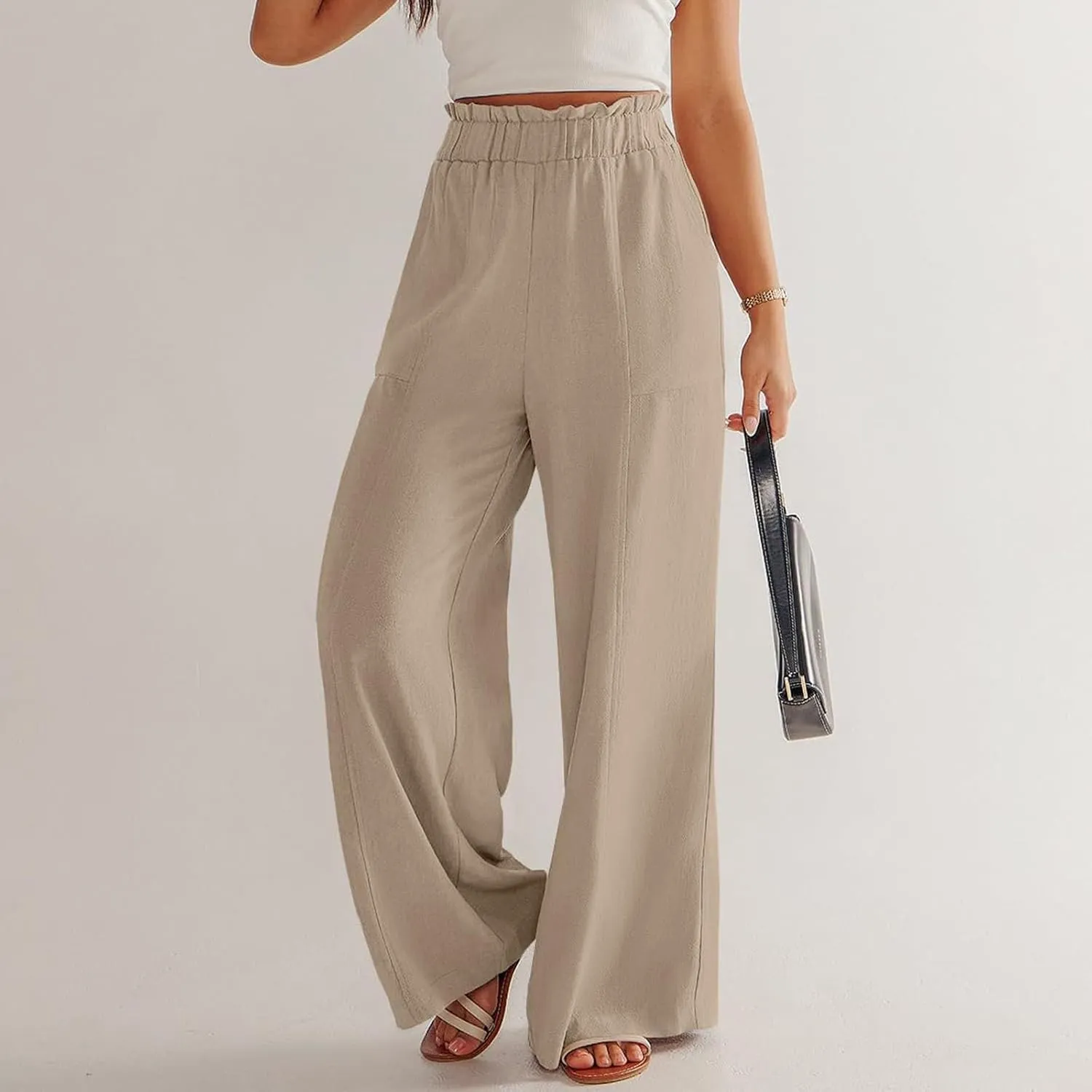 Linen Pants for Women Trendy Casual Ruffle High Waist Slacks Wide Leg Beach Palazzo Pants Trousers with Pockets