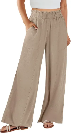 Linen Pants for Women Trendy Casual Ruffle High Waist Slacks Wide Leg Beach Palazzo Pants Trousers with Pockets