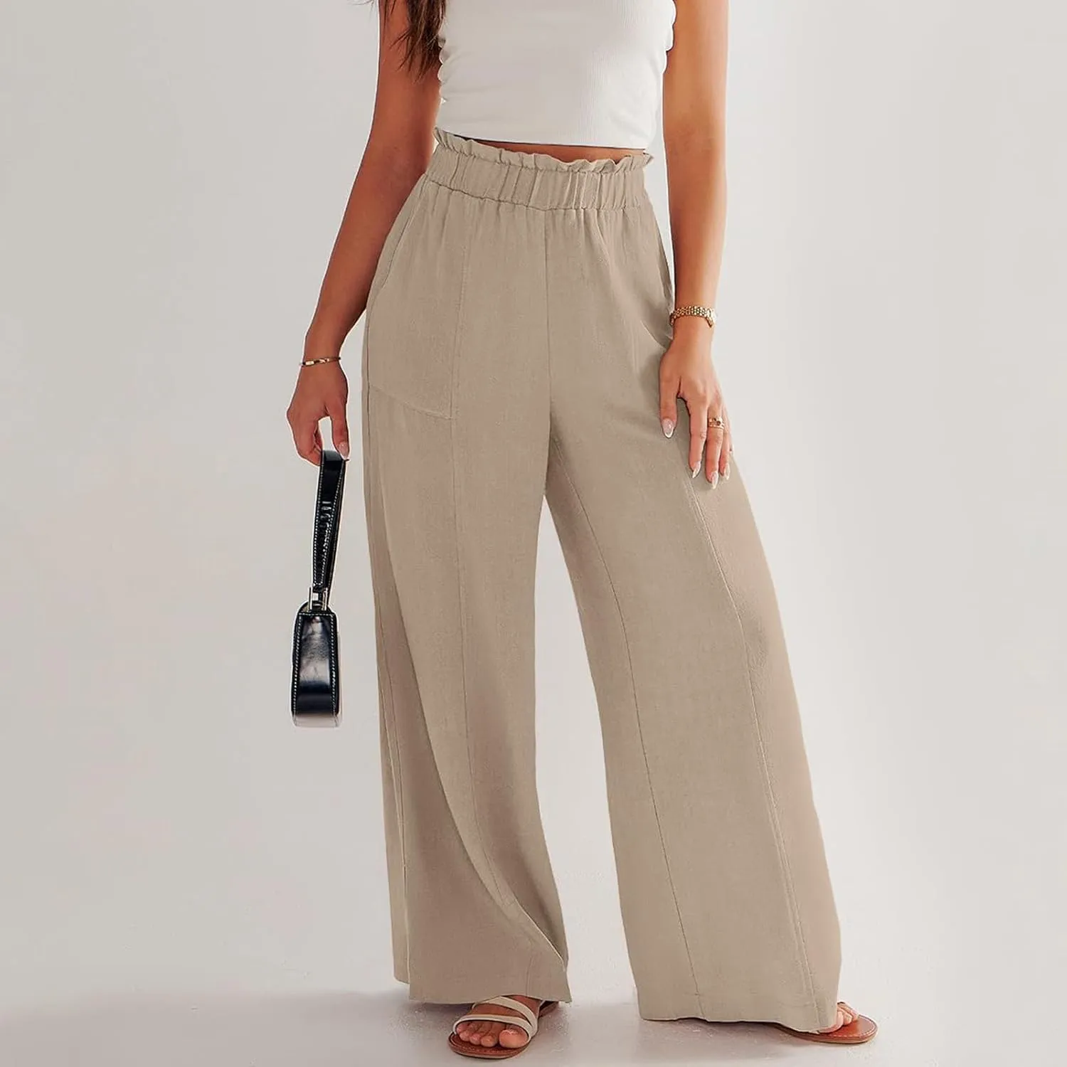 Linen Pants for Women Trendy Casual Ruffle High Waist Slacks Wide Leg Beach Palazzo Pants Trousers with Pockets
