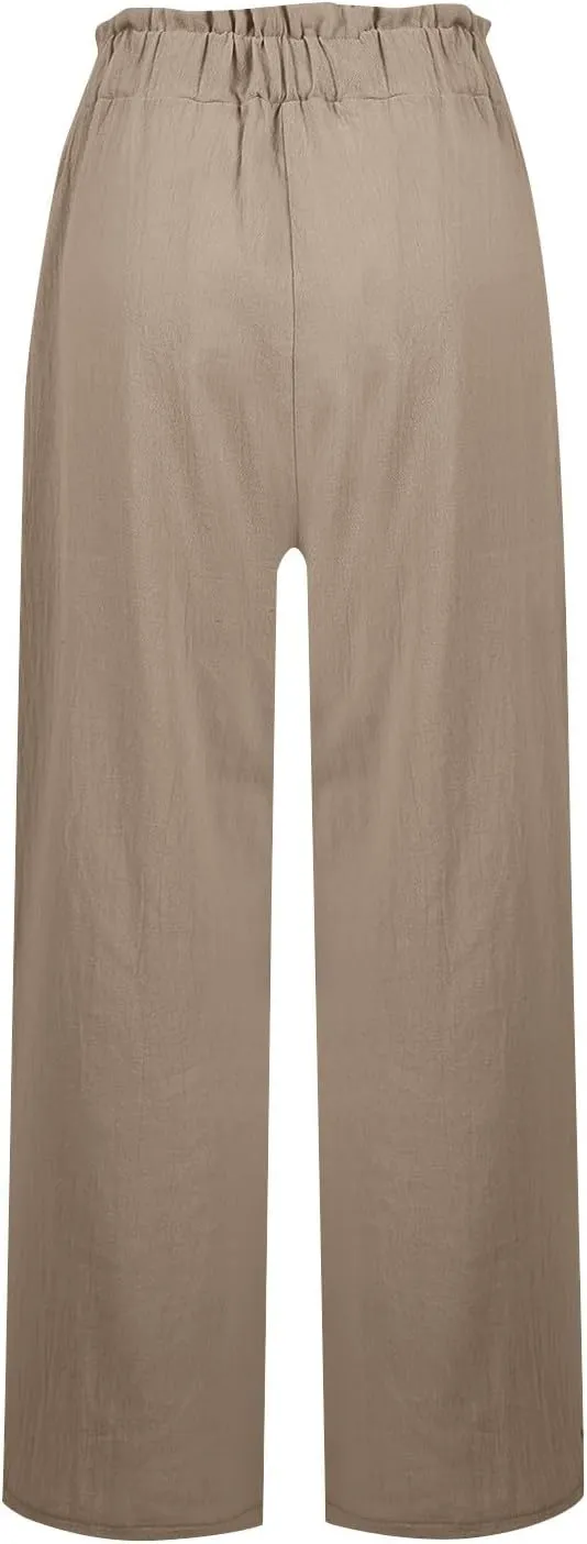 Linen Pants for Women Trendy Casual Ruffle High Waist Slacks Wide Leg Beach Palazzo Pants Trousers with Pockets