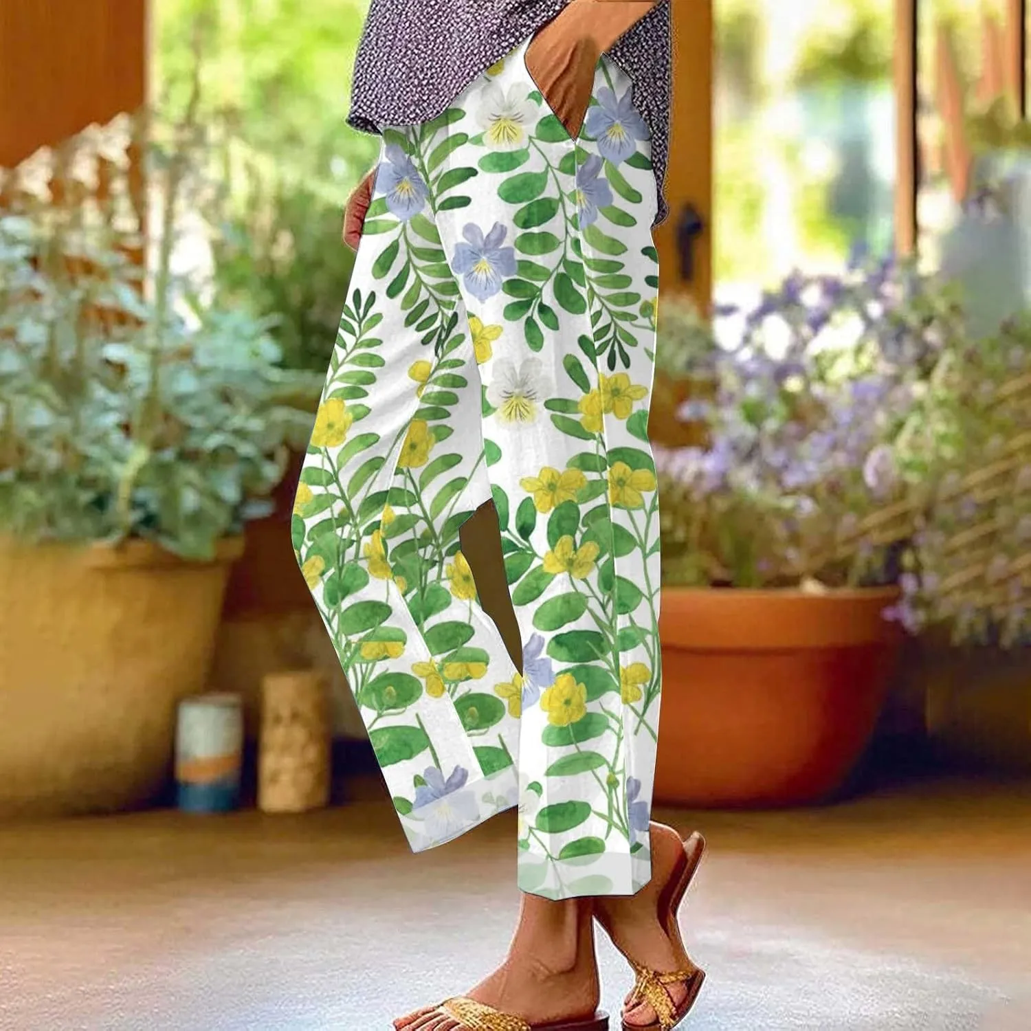 Linen Pants Women 2025 Elastic Waist Straight Leg Lounge Pants Solid Color Lightweight Trendy Trousers with Pocket