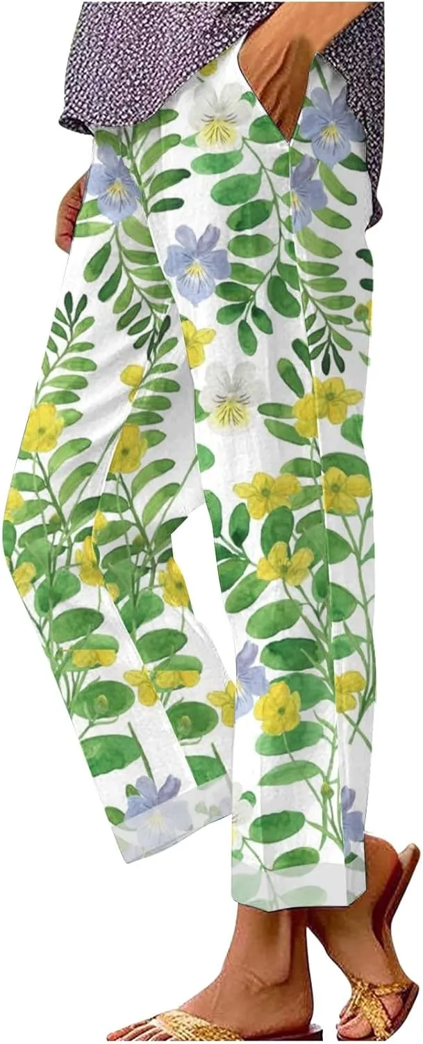 Linen Pants Women 2025 Elastic Waist Straight Leg Lounge Pants Solid Color Lightweight Trendy Trousers with Pocket