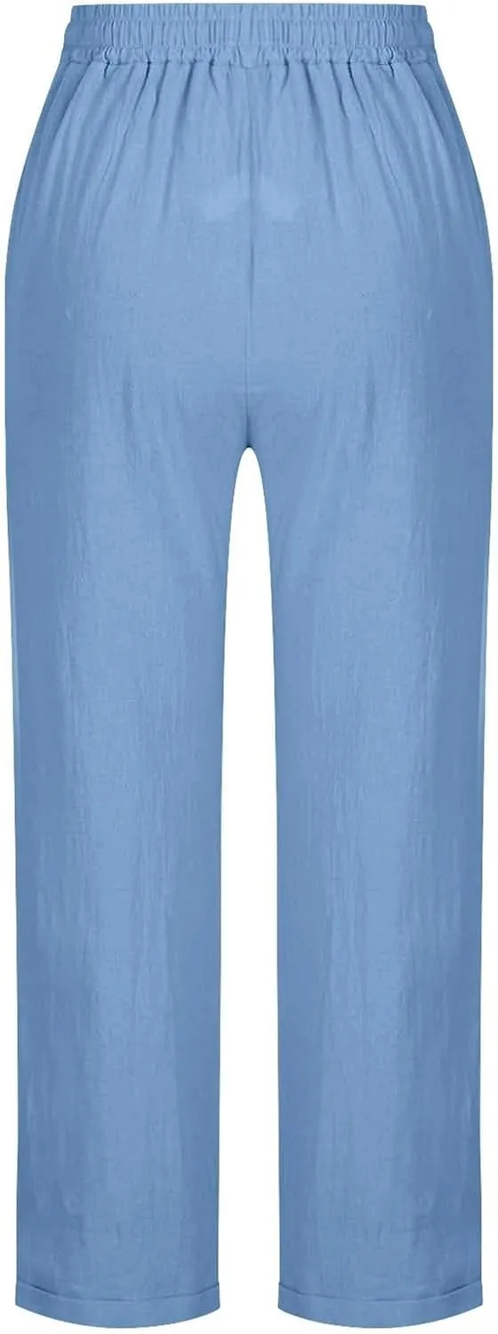 Linen Pants Women 2025 Straight Wide Leg Pants High Waisted Casual Summer Pants Lounge Beach Trousers with Pockets