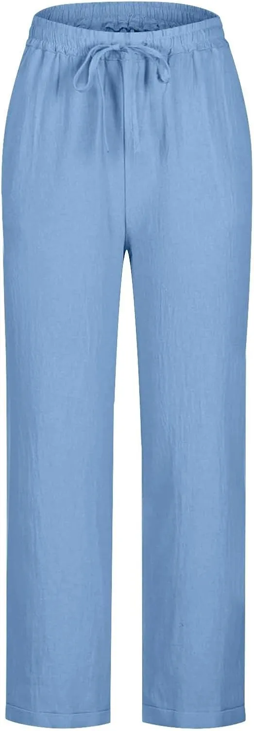 Linen Pants Women 2025 Straight Wide Leg Pants High Waisted Casual Summer Pants Lounge Beach Trousers with Pockets