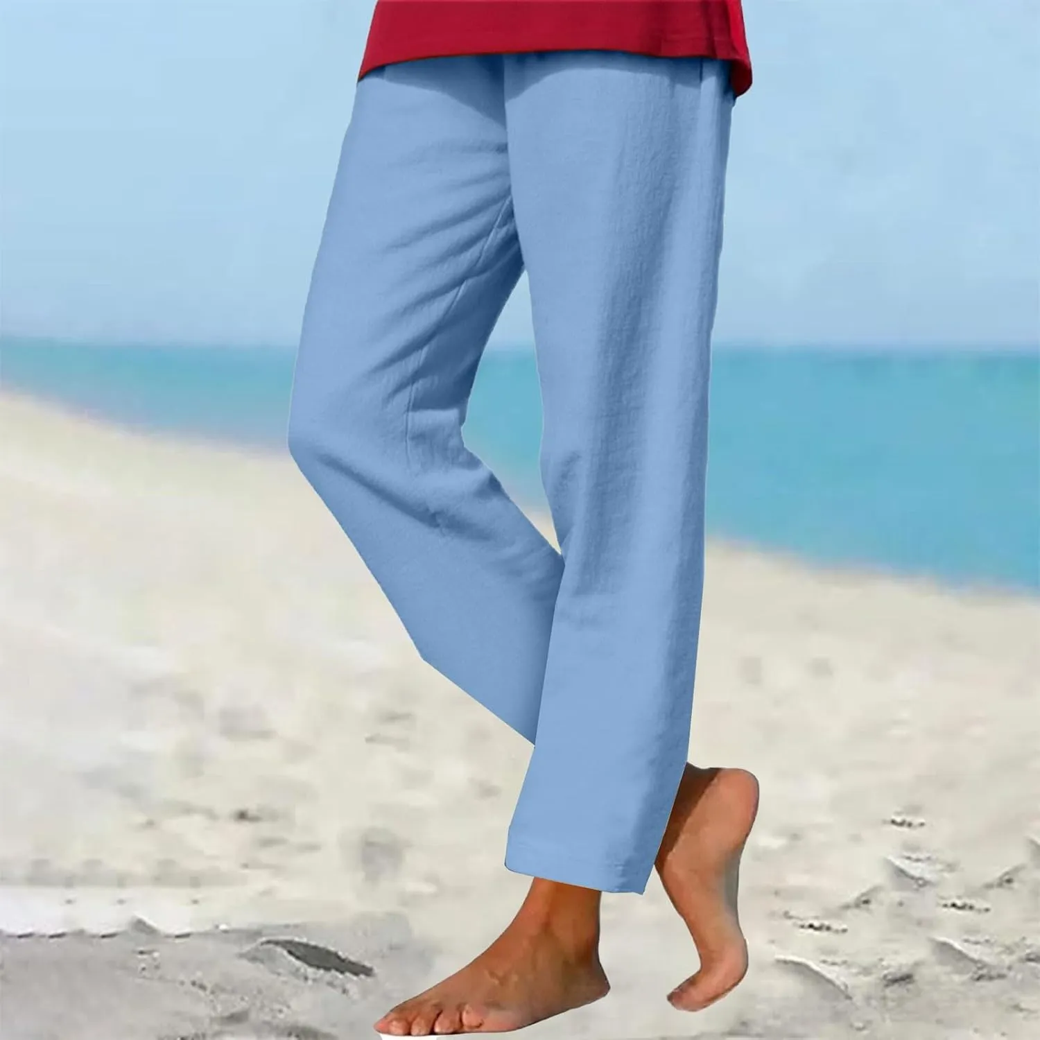 Linen Pants Women 2025 Straight Wide Leg Pants High Waisted Casual Summer Pants Lounge Beach Trousers with Pockets