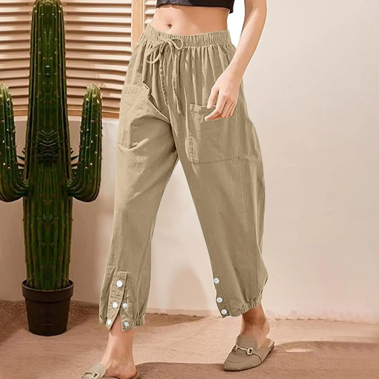 Linen Pants Women Drawstring Capri Pants Summer Casual High Waist Pants Button Slit Trousers Baggy Slacks with Pocket
