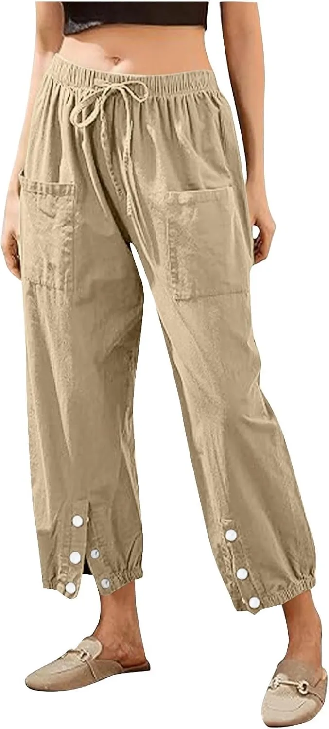 Linen Pants Women Drawstring Capri Pants Summer Casual High Waist Pants Button Slit Trousers Baggy Slacks with Pocket