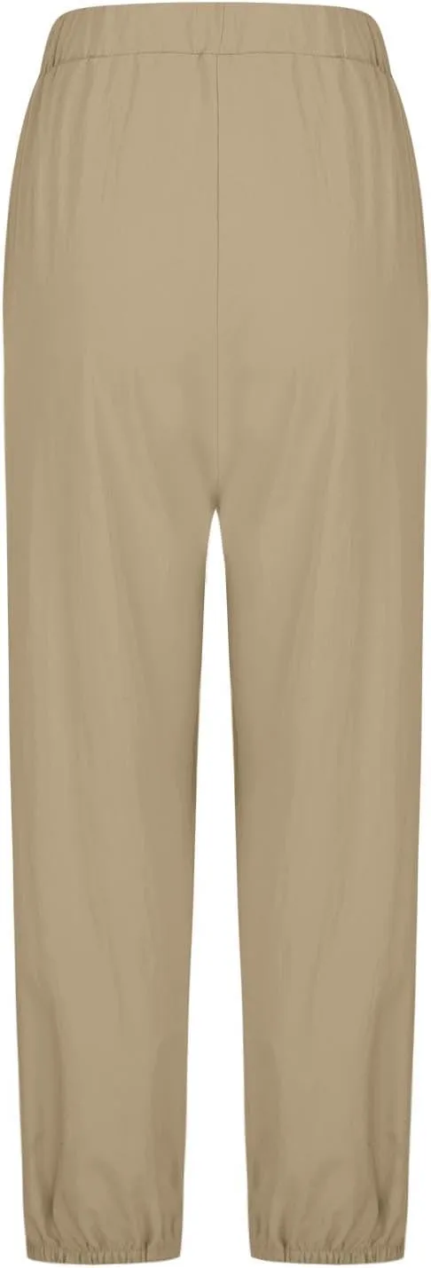 Linen Pants Women Drawstring Capri Pants Summer Casual High Waist Pants Button Slit Trousers Baggy Slacks with Pocket