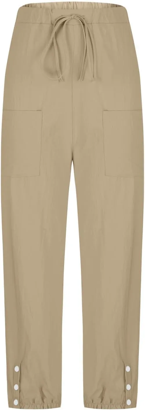 Linen Pants Women Drawstring Capri Pants Summer Casual High Waist Pants Button Slit Trousers Baggy Slacks with Pocket