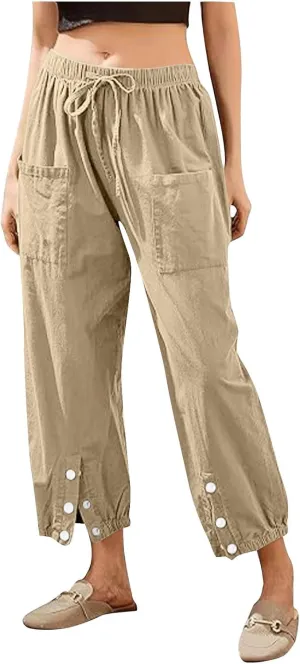 Linen Pants Women Drawstring Capri Pants Summer Casual High Waist Pants Button Slit Trousers Baggy Slacks with Pocket