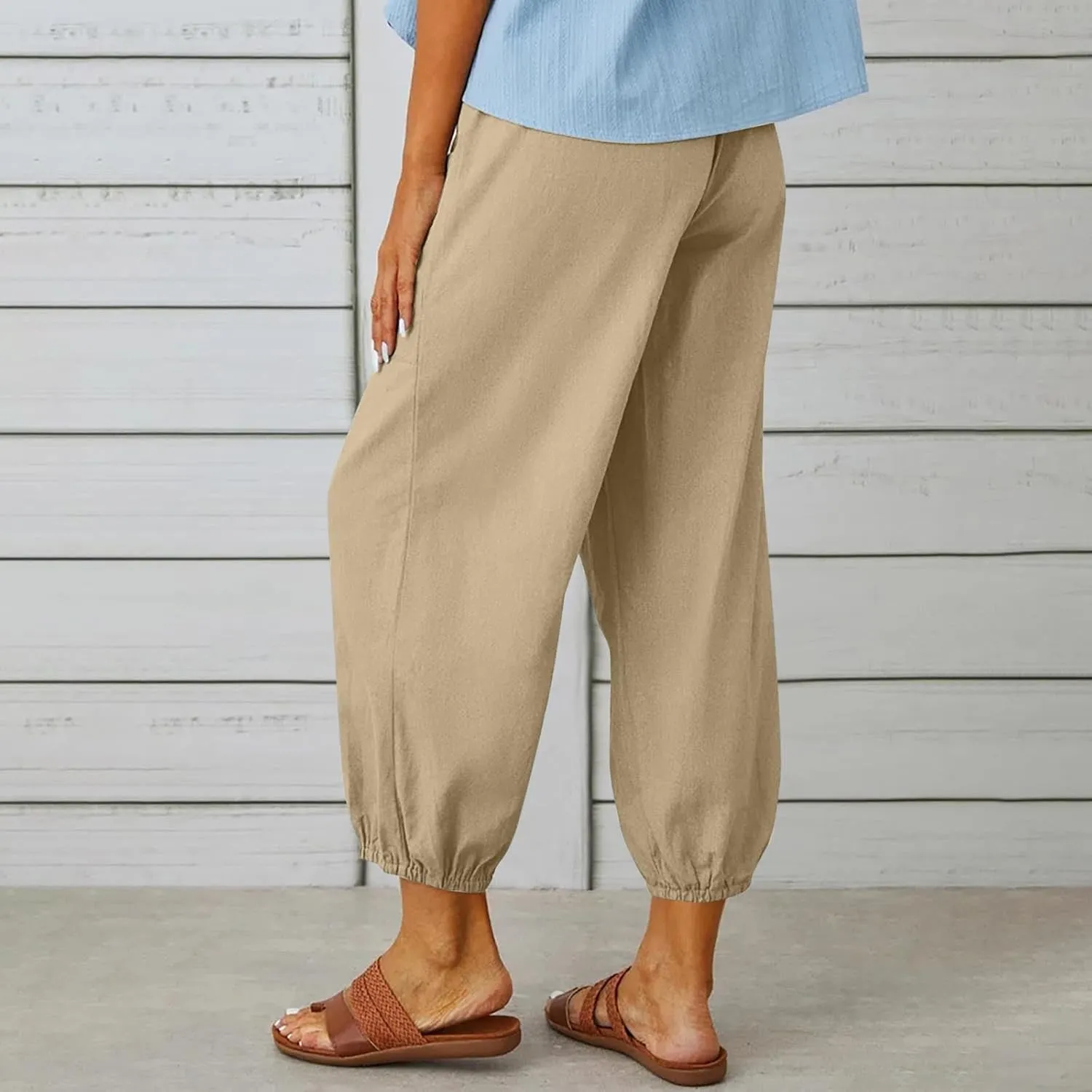 Linen Pants Women Drawstring Capri Pants Summer Casual High Waist Pants Button Slit Trousers Baggy Slacks with Pocket