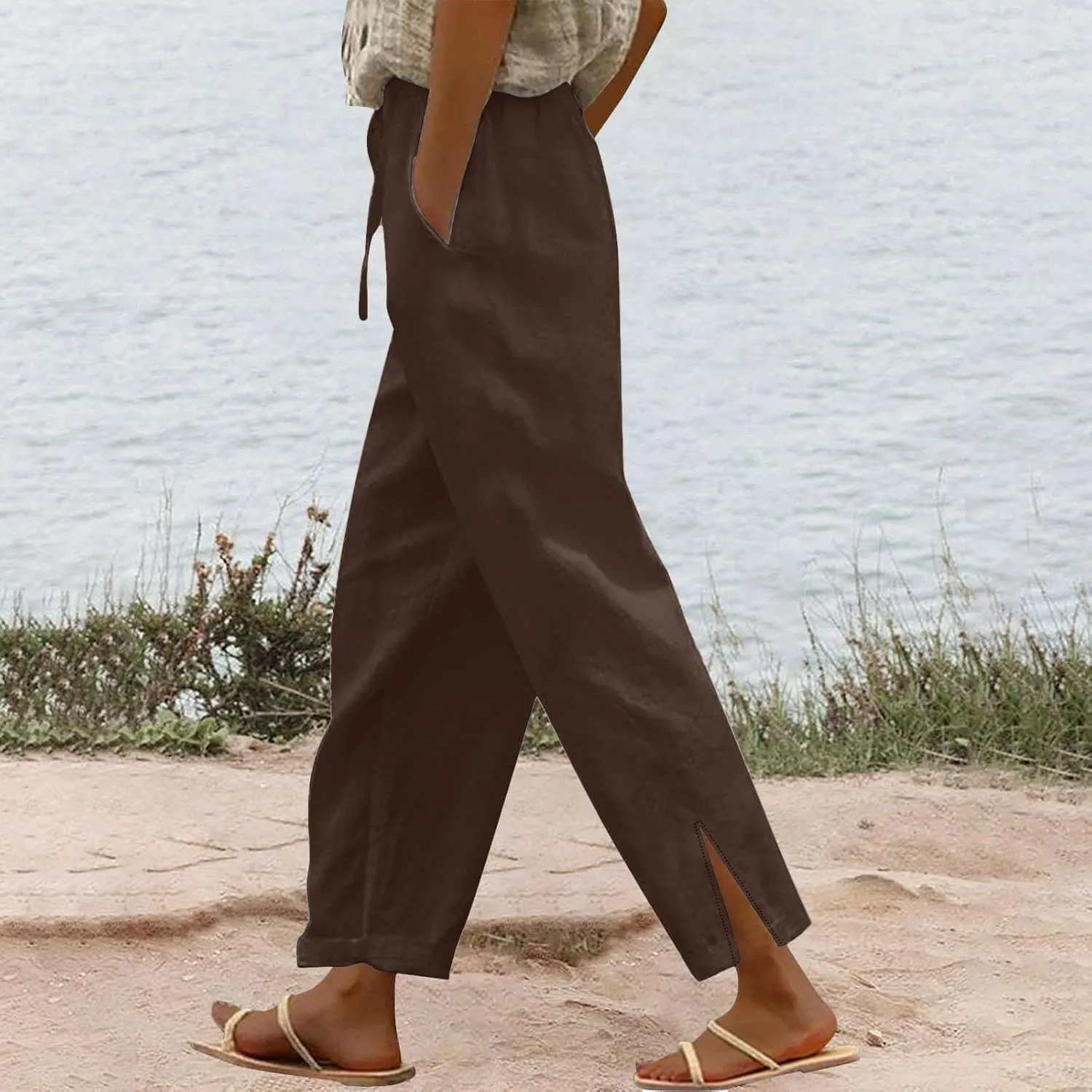 Linen Pants Women High Waist Drawstring Pants Summer Casual Split Pants Trendy Fashion Trousers Beach Vacation Clothes