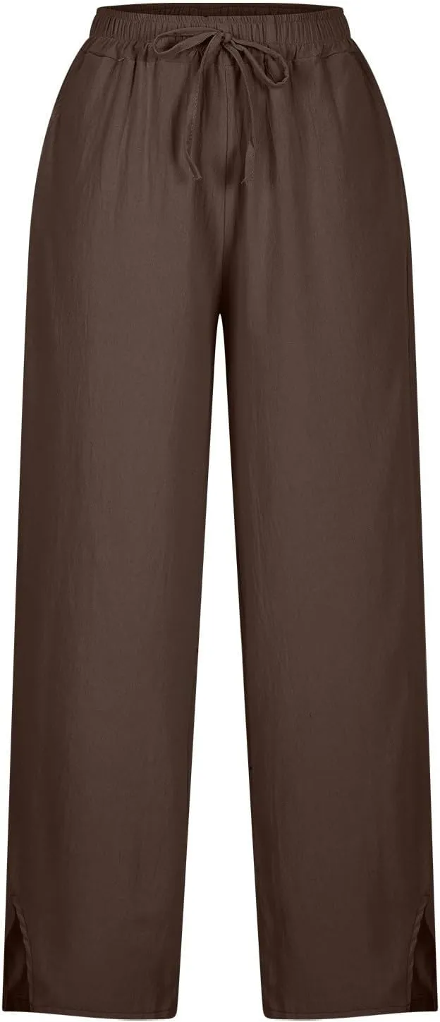 Linen Pants Women High Waist Drawstring Pants Summer Casual Split Pants Trendy Fashion Trousers Beach Vacation Clothes