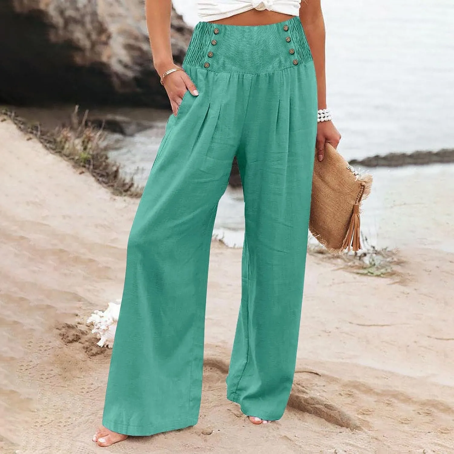 Linen Pants Women Summer Baggy Casual Wide Leg Pants Flowy Palazzo Beach Pants High Waist Work Trousers with Pockets