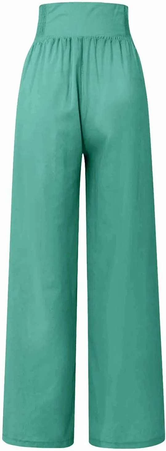 Linen Pants Women Summer Baggy Casual Wide Leg Pants Flowy Palazzo Beach Pants High Waist Work Trousers with Pockets