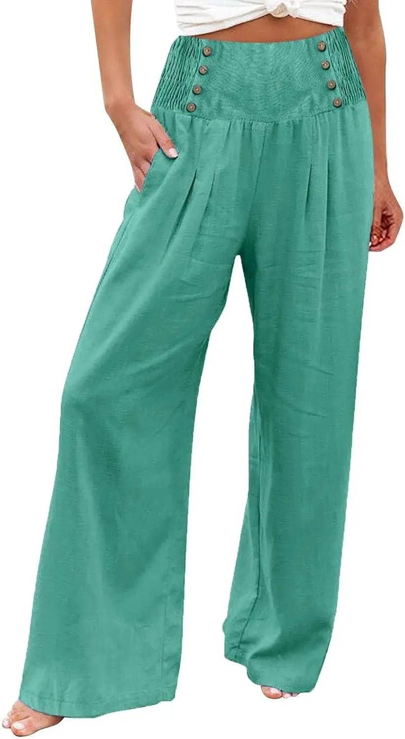 Linen Pants Women Summer Baggy Casual Wide Leg Pants Flowy Palazzo Beach Pants High Waist Work Trousers with Pockets