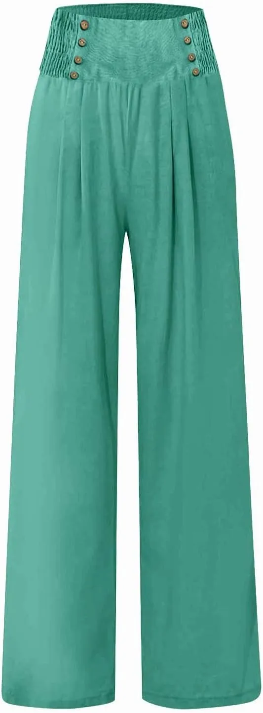 Linen Pants Women Summer Baggy Casual Wide Leg Pants Flowy Palazzo Beach Pants High Waist Work Trousers with Pockets
