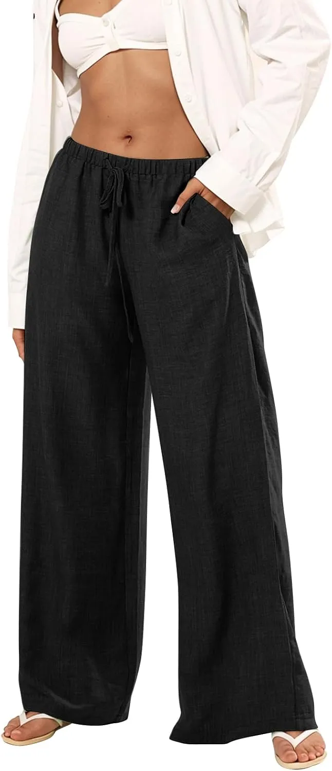 Linen Pants Women Summer Drawstring High Waisted Wide Leg Yoga Pants with Pockets Holiday Boho Beach Palazzo Pants