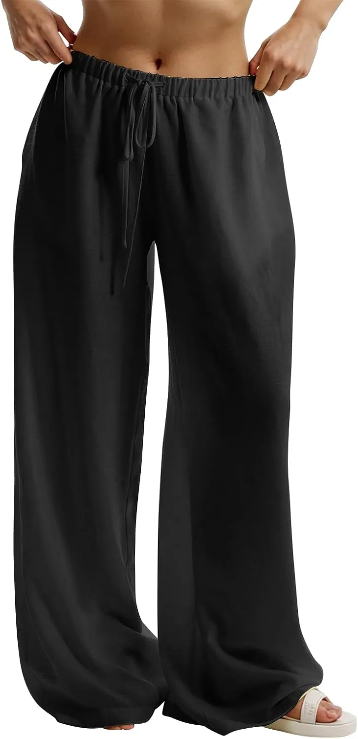 Linen Pants Women Summer Drawstring High Waisted Wide Leg Yoga Pants with Pockets Holiday Boho Beach Palazzo Pants