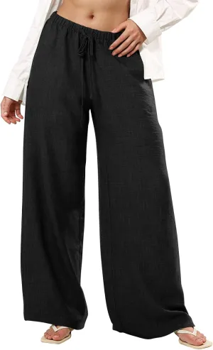 Linen Pants Women Summer Drawstring High Waisted Wide Leg Yoga Pants with Pockets Holiday Boho Beach Palazzo Pants