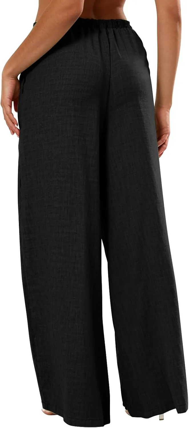 Linen Pants Women Summer Drawstring High Waisted Wide Leg Yoga Pants with Pockets Holiday Boho Beach Palazzo Pants