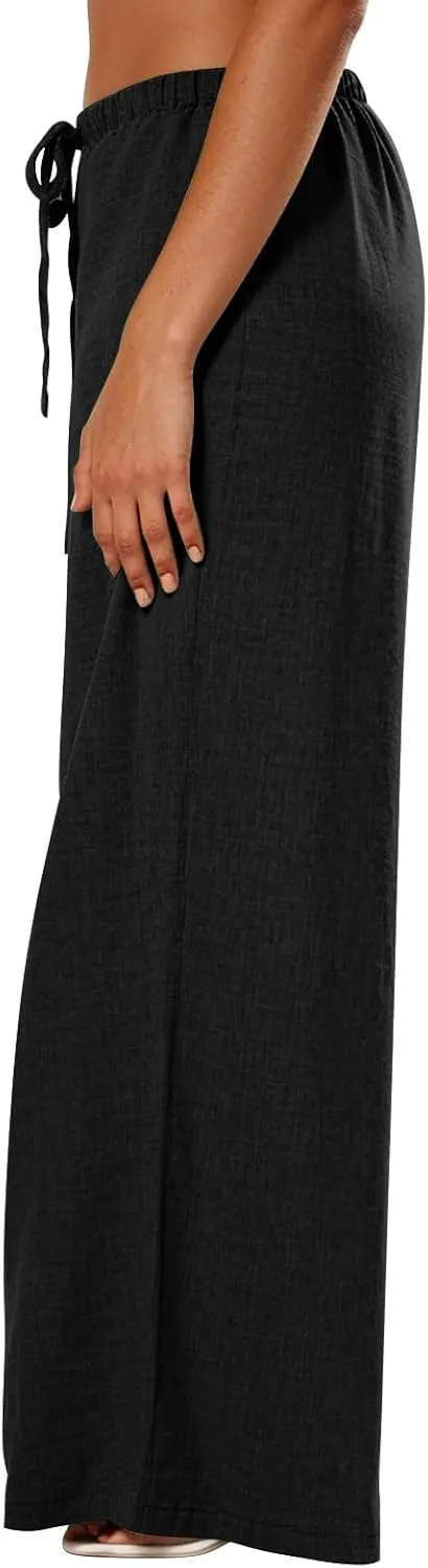 Linen Pants Women Summer Drawstring High Waisted Wide Leg Yoga Pants with Pockets Holiday Boho Beach Palazzo Pants