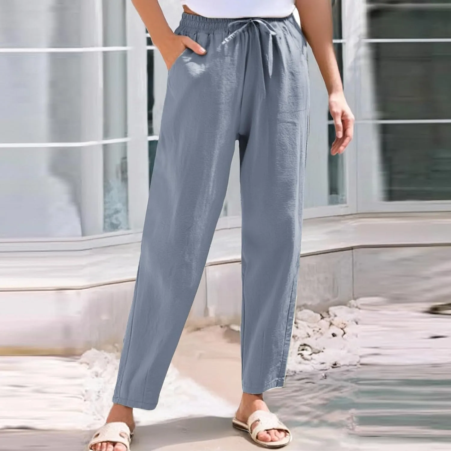Linen Pants Women Summer Straight Leg Drawstring Palazzo Pants High Elastic Waist Trousers with Pockets