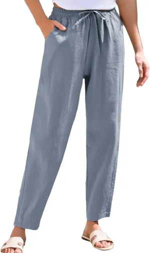 Linen Pants Women Summer Straight Leg Drawstring Palazzo Pants High Elastic Waist Trousers with Pockets