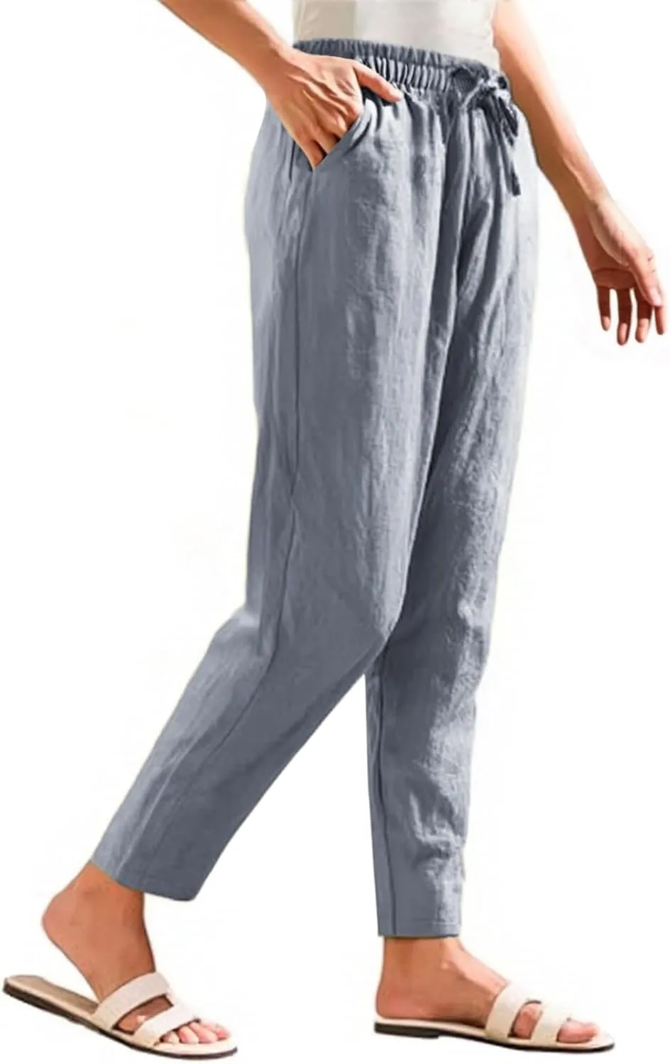 Linen Pants Women Summer Straight Leg Drawstring Palazzo Pants High Elastic Waist Trousers with Pockets