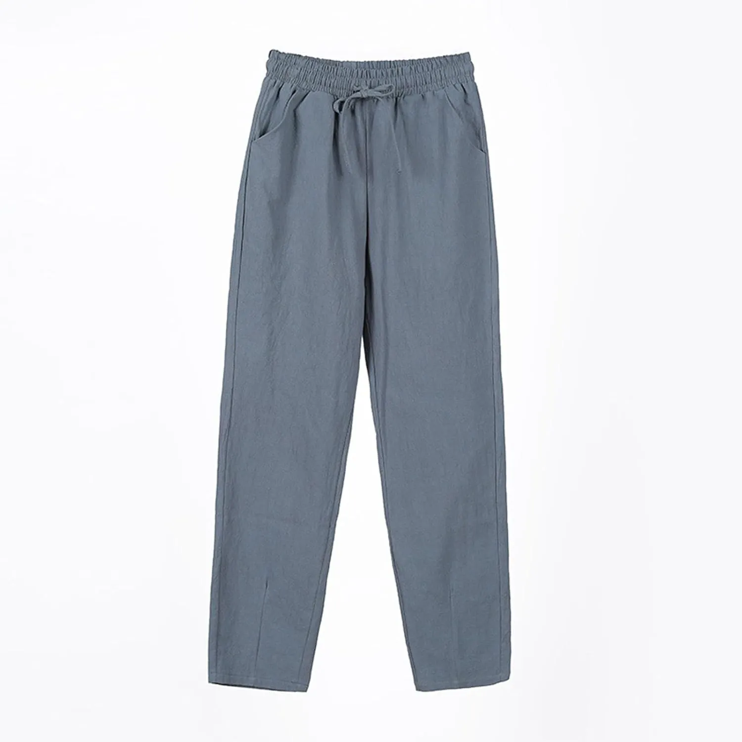 Linen Pants Women Summer Straight Leg Drawstring Palazzo Pants High Elastic Waist Trousers with Pockets