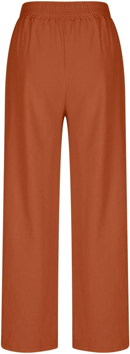 Linen Pants Women Summer Wide Leg Palazzo Pants Casual Elastic Waist Pants Vacation Flowy Linen Trousers with Pockets