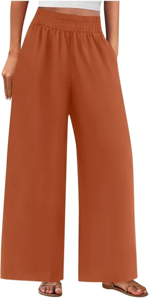 Linen Pants Women Summer Wide Leg Palazzo Pants Casual Elastic Waist Pants Vacation Flowy Linen Trousers with Pockets