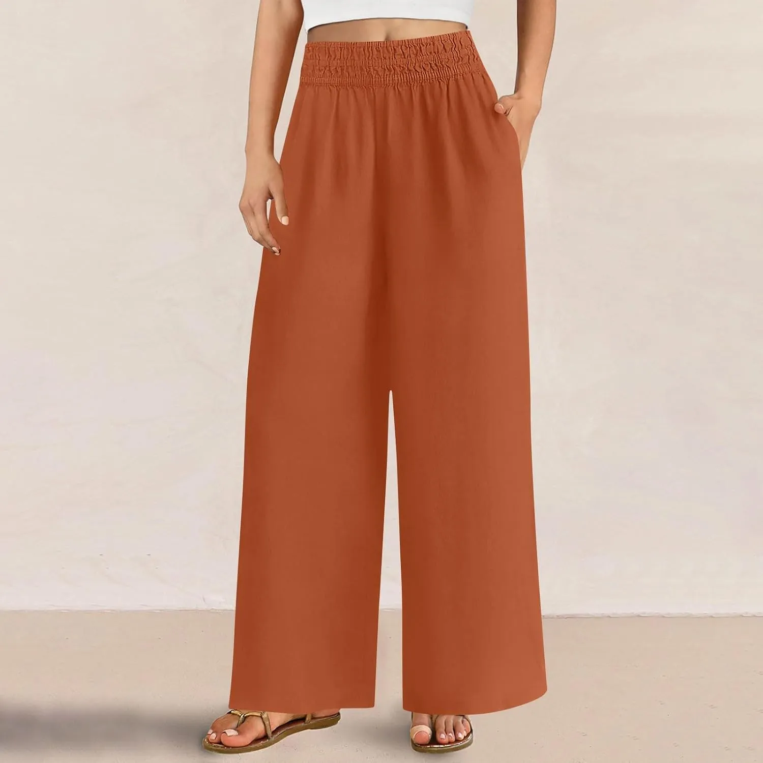 Linen Pants Women Summer Wide Leg Palazzo Pants Casual Elastic Waist Pants Vacation Flowy Linen Trousers with Pockets