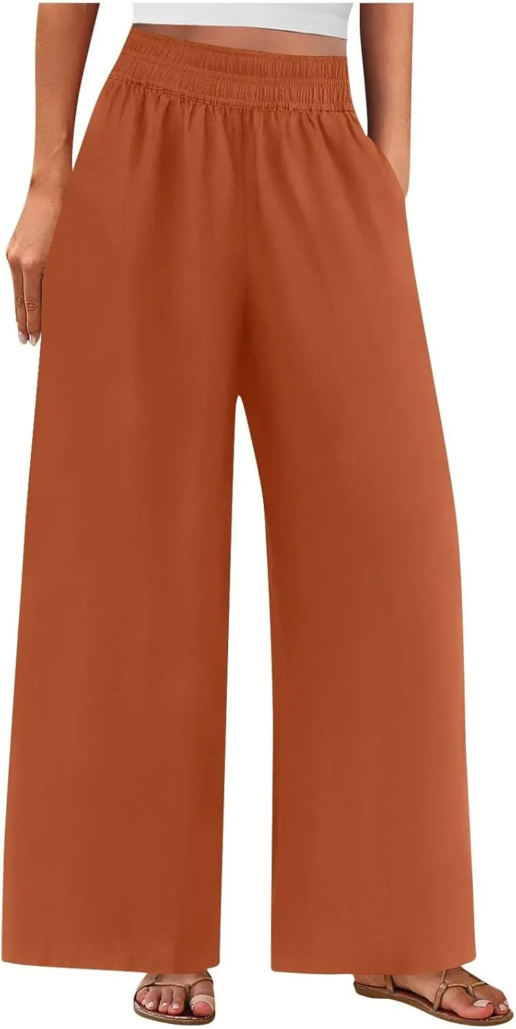 Linen Pants Women Summer Wide Leg Palazzo Pants Casual Elastic Waist Pants Vacation Flowy Linen Trousers with Pockets
