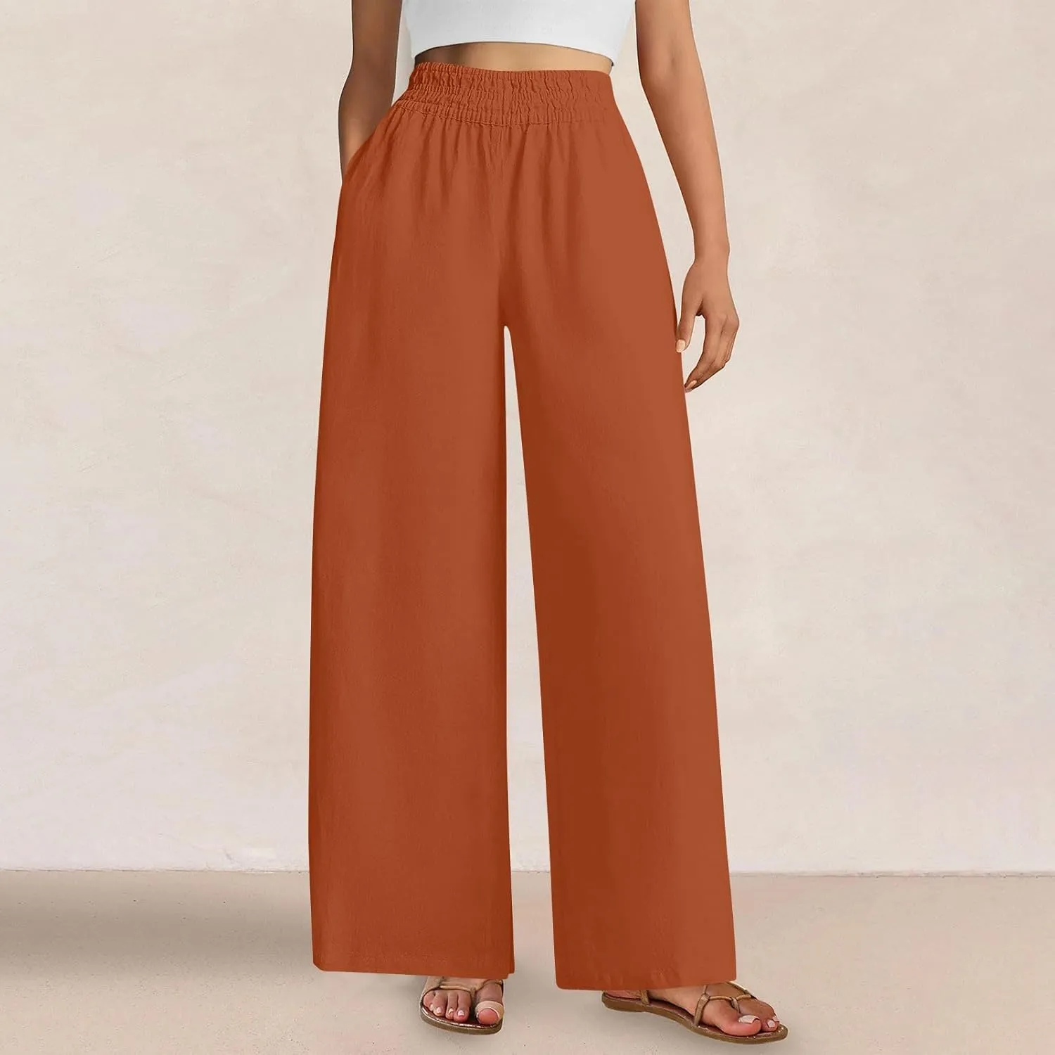 Linen Pants Women Summer Wide Leg Palazzo Pants Casual Elastic Waist Pants Vacation Flowy Linen Trousers with Pockets
