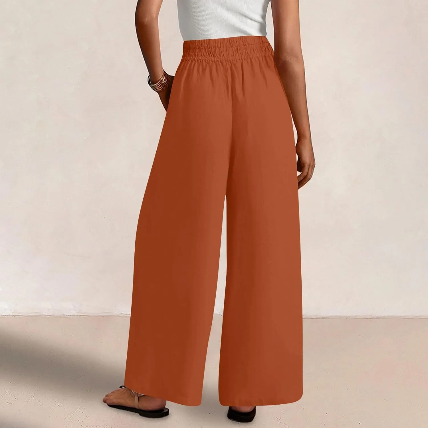 Linen Pants Women Summer Wide Leg Palazzo Pants Casual Elastic Waist Pants Vacation Flowy Linen Trousers with Pockets