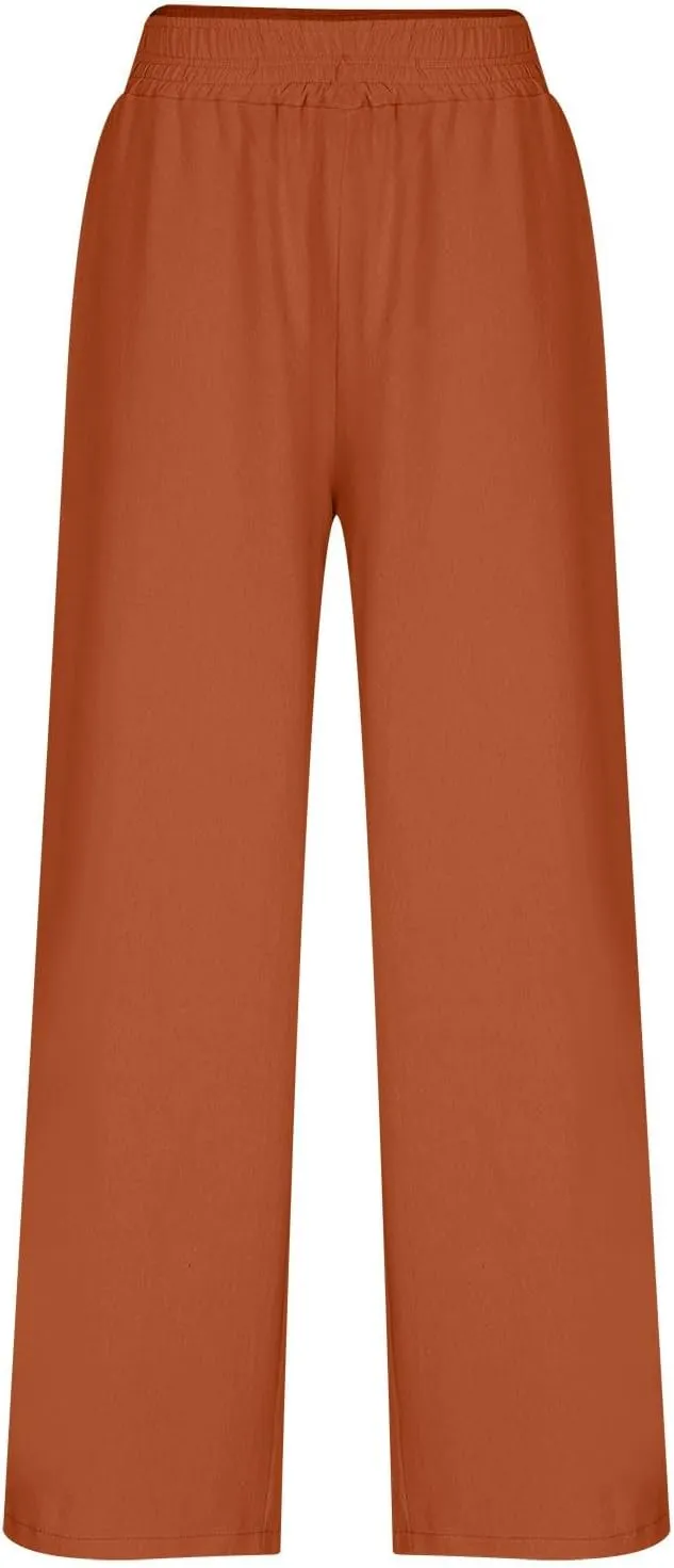 Linen Pants Women Summer Wide Leg Palazzo Pants Casual Elastic Waist Pants Vacation Flowy Linen Trousers with Pockets