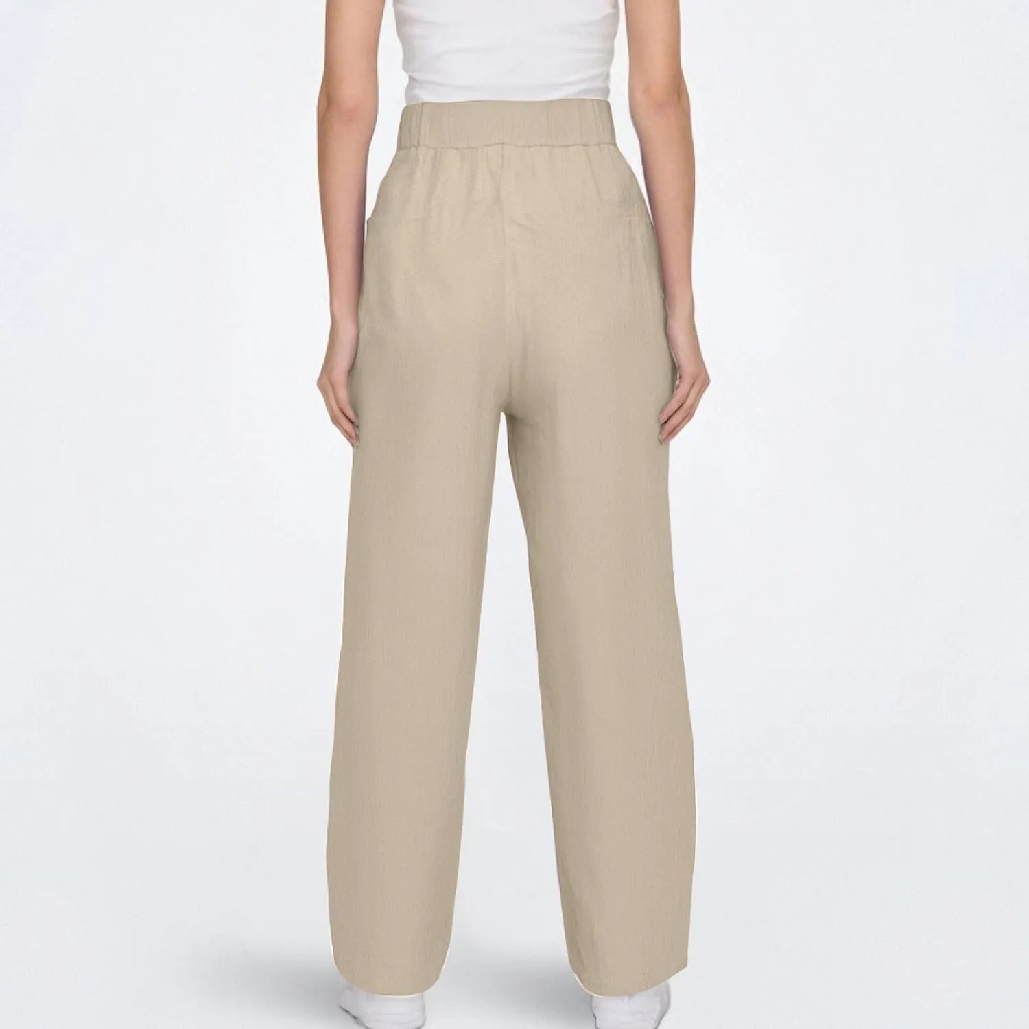 Linen Pants Women with Pockets Straight Leg Slim Fit Slacks High Elastic Waist Drawstring Palazzo Pants