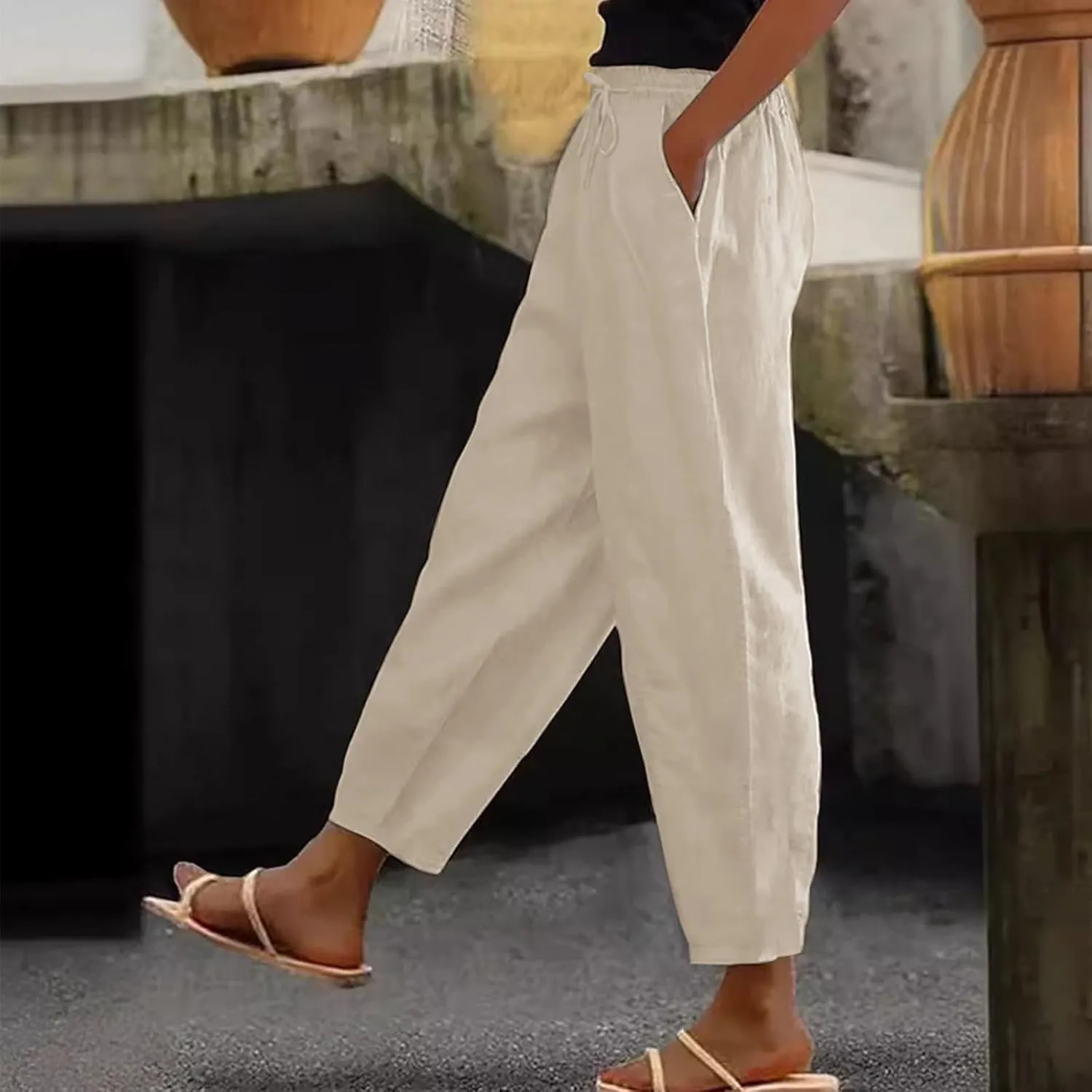 Linen Pants Women with Pockets Straight Leg Slim Fit Slacks High Elastic Waist Drawstring Palazzo Pants