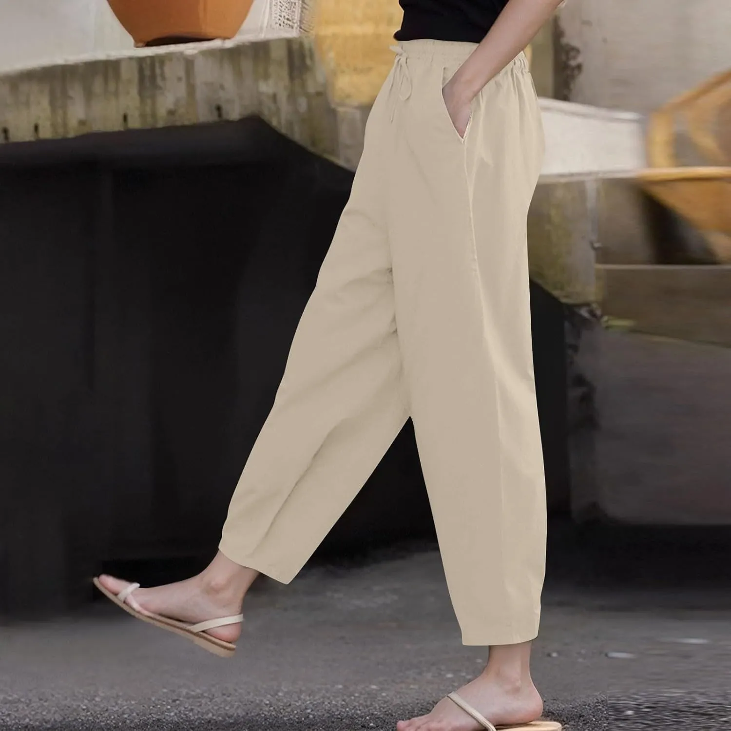Linen Pants Women with Pockets Straight Leg Slim Fit Slacks High Elastic Waist Drawstring Palazzo Pants