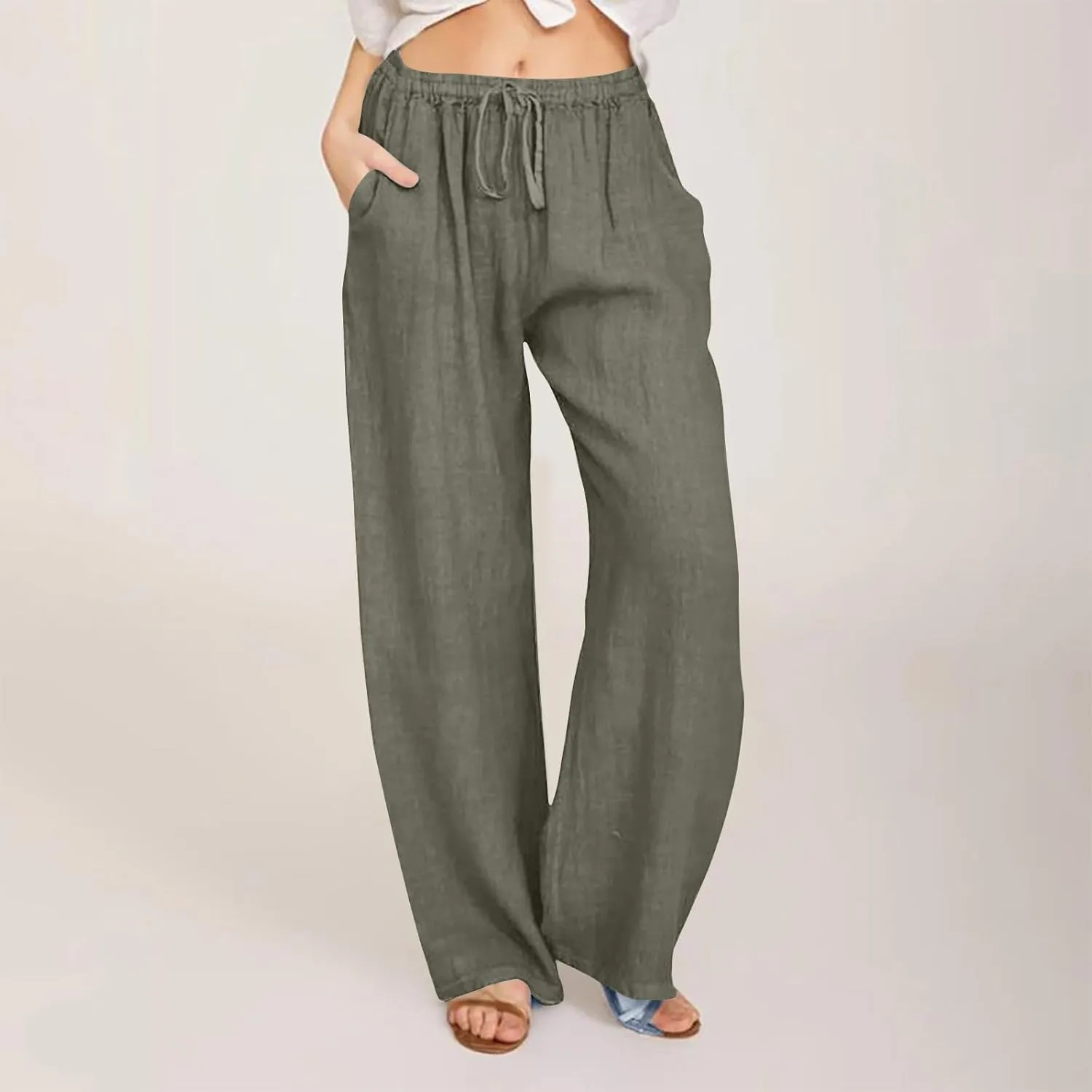 Linen Summer Pants Women 2024 Trendy Casual High Waist Drawstring Loose Fit Lightweight Long Palazzo Gauze Pants