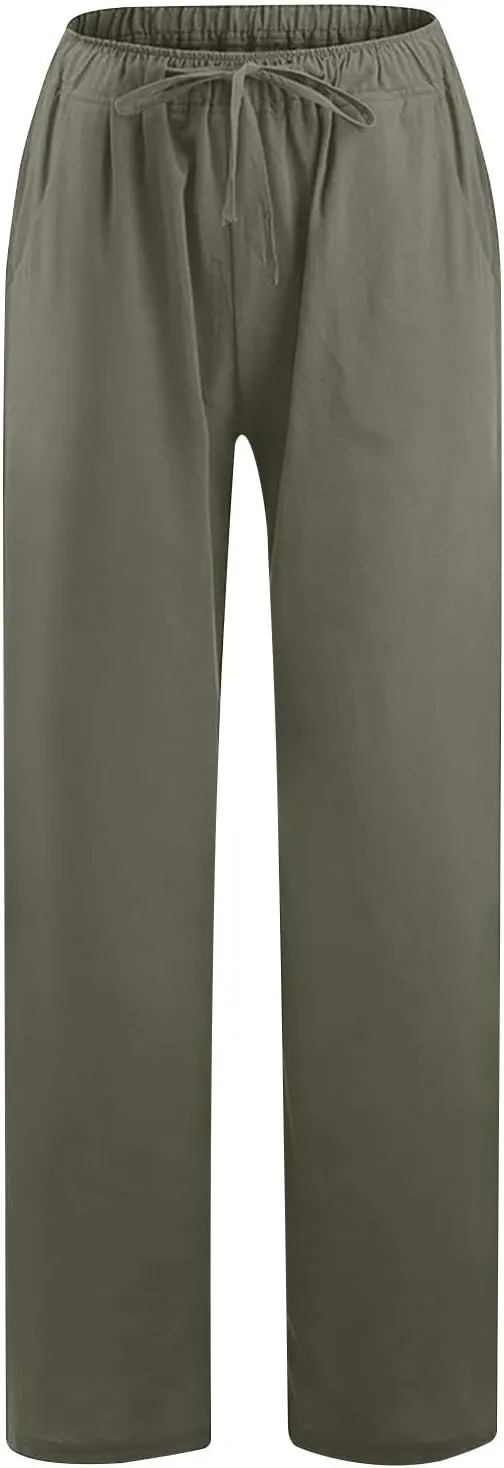 Linen Summer Pants Women 2024 Trendy Casual High Waist Drawstring Loose Fit Lightweight Long Palazzo Gauze Pants