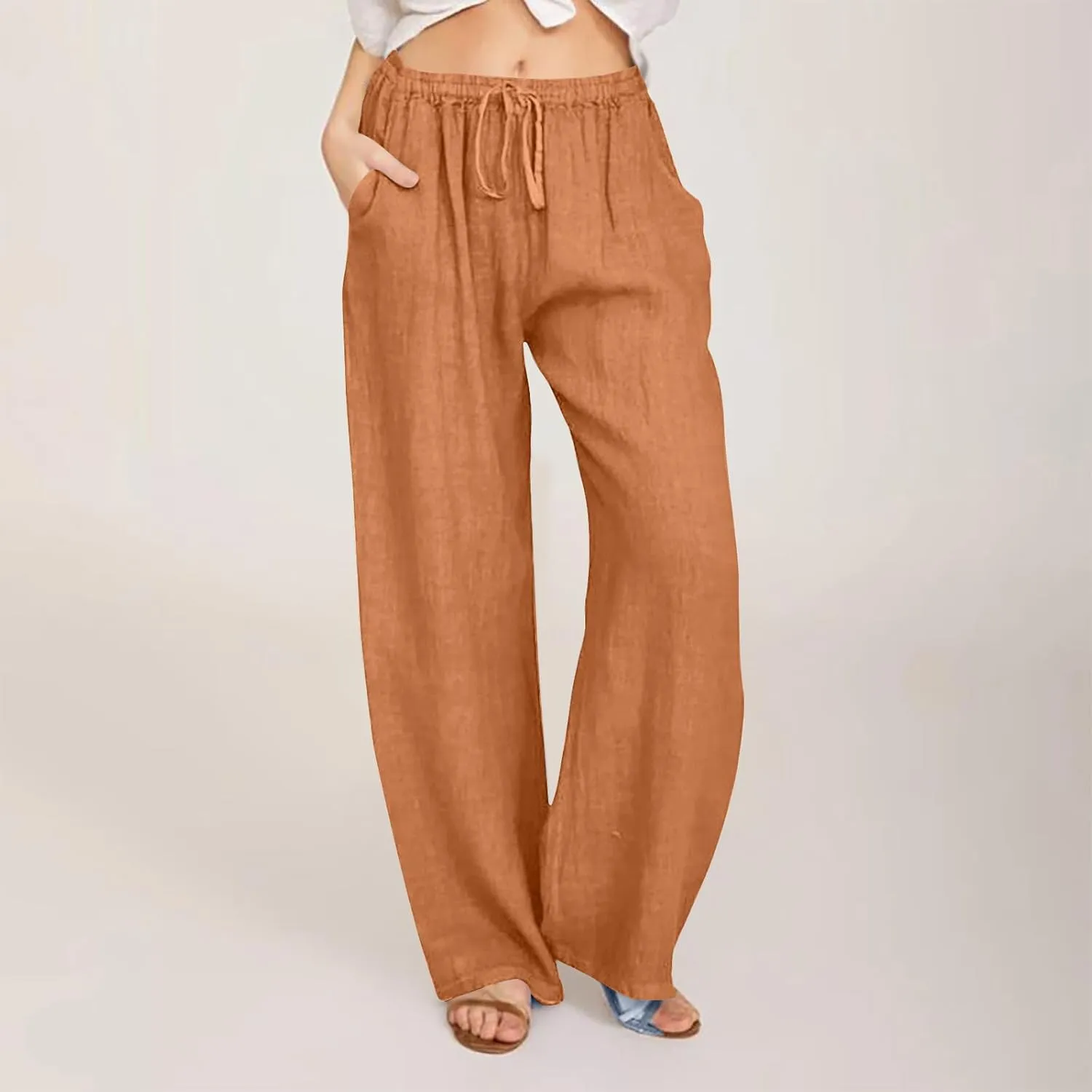 Linen Summer Pants Women 2024 Trendy Casual High Waist Drawstring Loose Fit Lightweight Long Palazzo Gauze Pants
